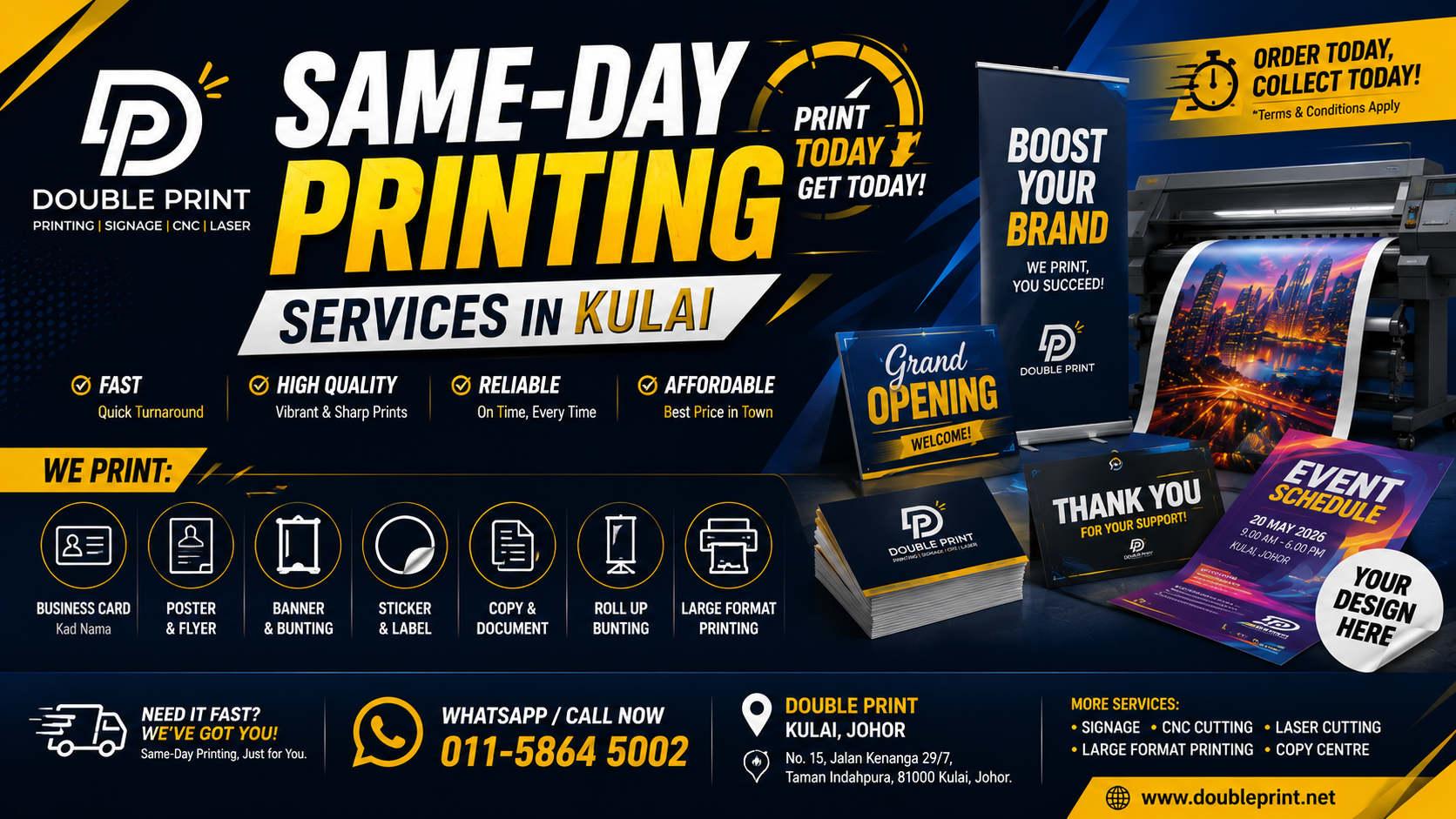 Printer producing business cards and banners quickly on a same day rush order at a Kulai print shop