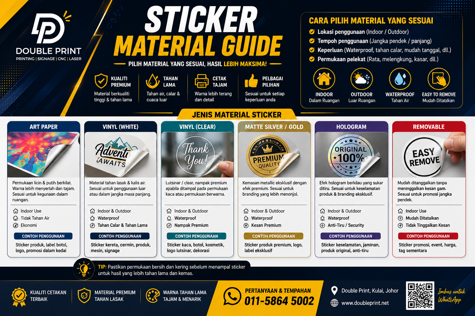Rolls of different sticker materials including vinyl, paper and holographic laid out on a printing table