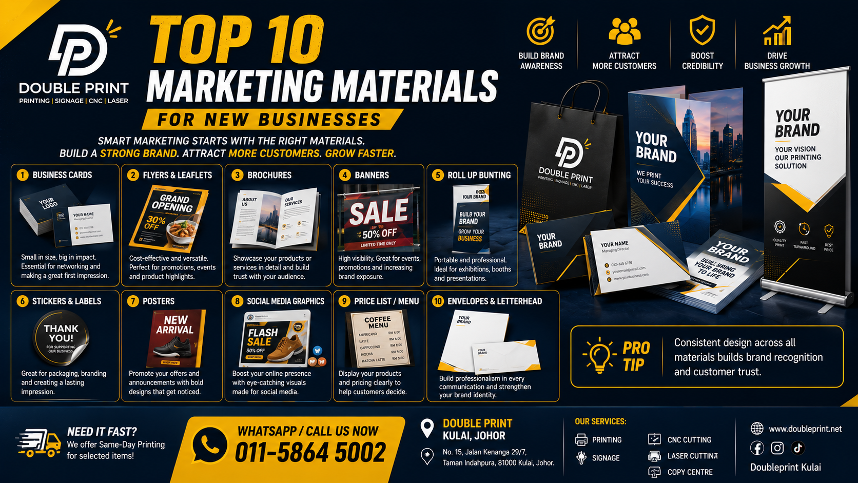Flat lay of business cards, banners and stickers arranged as marketing materials for a new business